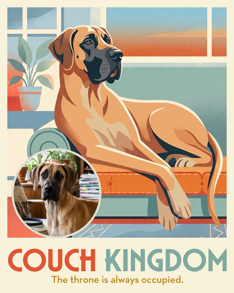 Dog on Couch Travel Poster from Your Photo, Personalized Dog Art Print or Canvas, Mid Century Modern Decor, Above Couch Wall Art