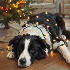 Funny Dog Portrait from Photo, Dog in Christmas Lights, Custom Dog Illustration, Printable Wall Art, Holiday Dog Art, Xmas Wall Art afbeelding 2