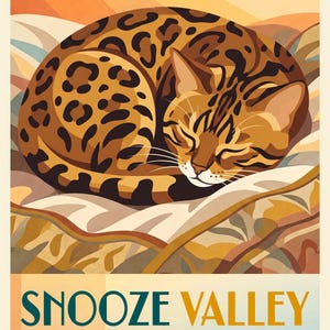 Personalized Cat Portrait from Photo, Cat in the Center of the Bed, Retro Travel Poster Artwork, Bedroom Wall Art, Art Print or Canvas image 2