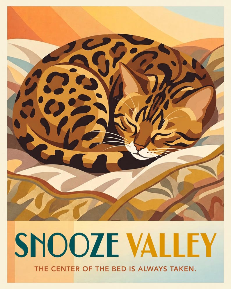 Personalized Cat Portrait from Photo, Cat in the Center of the Bed, Retro Travel Poster Artwork, Bedroom Wall Art, Art Print or Canvas image 2