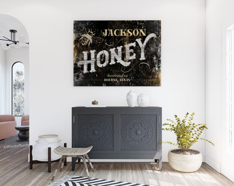 Rustic Honey Bee Decor, Modern Farmhouse Canvas Print, Custom Family Name Sign, Personalized Last Name Wall Art, Farm Sign Bee Lover Gift image 1