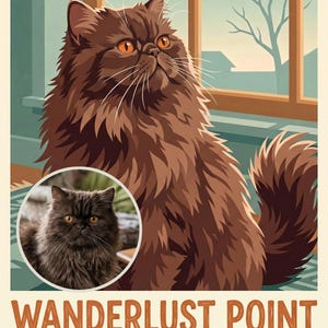 Wanderlust Travel Poster from Your Photo, Personalized Cat Art Print or Canvas, Daydream Cat Art, Retro Living Room Wall Art