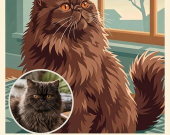 Personalized Cat Portrait from Photo, Cat Daydreaming at the Window, Travel Poster Artwork, Living Room Wall Art, Art Print or Canvas