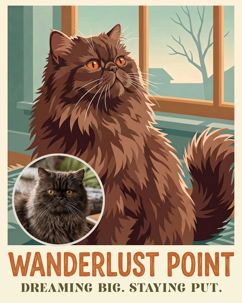 Wanderlust Travel Poster from Your Photo, Personalized Cat Art Print or Canvas, Daydream Cat Art, Retro Living Room Wall Art