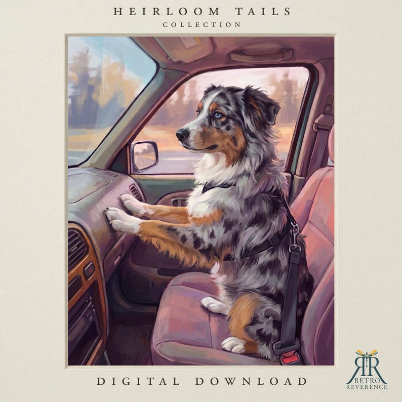 May include: A digital illustration titled Heirloom Tails Collection featuring a blue merle Australian Shepherd sitting in a car passenger seat. The dog wears a black harness and is secured by a seatbelt, with paws resting on the dashboard.