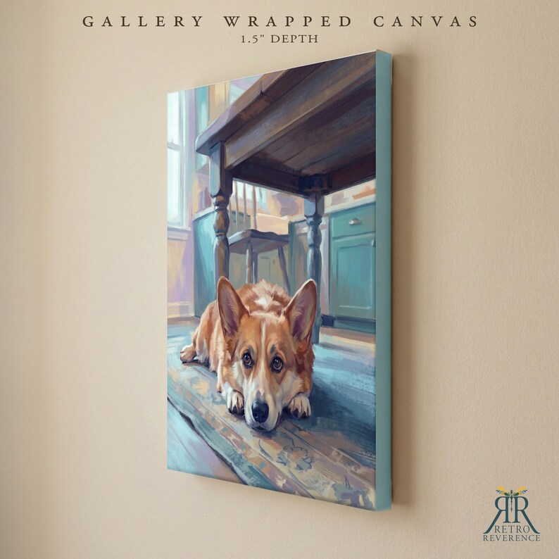 May include: A gallery wrapped canvas with a 1.5 inch depth featuring a painting of a brown and white Corgi lying on a wooden floor beneath a table in a kitchen with teal cabinets. The text GALLERY WRAPPED CANVAS 1.5" DEPTH is at the top.