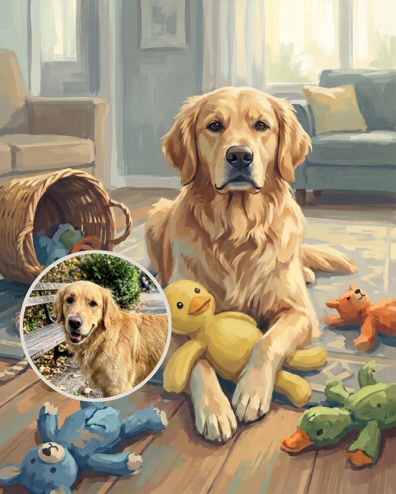 Playful Custom Dog Portrait from Your Photo, Painterly Nursery Canvas Print, Dog Canvas Wall Art, Dog and Toys Art, Vintage Playroom Decor