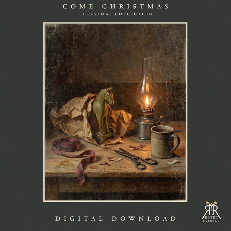 May include: A still life digital print titled COME CHRISTMAS CHRISTMAS COLLECTION featuring a green toy horse in brown paper, a lit oil lamp, a ceramic mug, metal scissors, and a purple ribbon on a wooden table, marked DIGITAL DOWNLOAD.