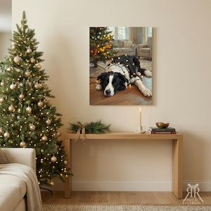 May include: A rectangular wall art print featuring a black and white Border Collie lying on a wooden floor, wrapped in glowing string lights, with a decorated Christmas tree in the background of the scene depicted in the artwork.