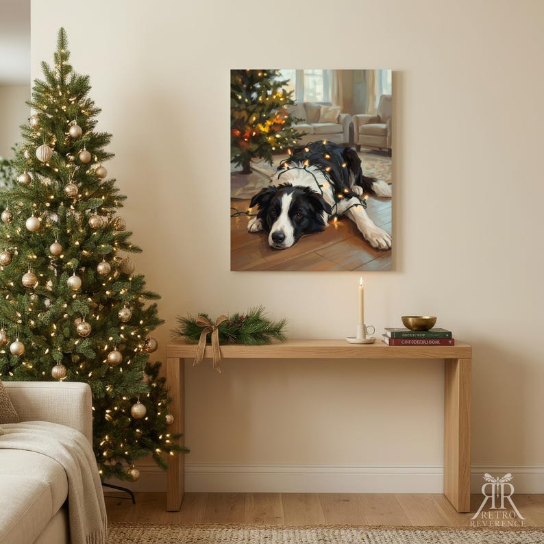 May include: A rectangular wall art print featuring a black and white Border Collie lying on a wooden floor, wrapped in glowing string lights, with a decorated Christmas tree in the background of the scene depicted in the artwork.