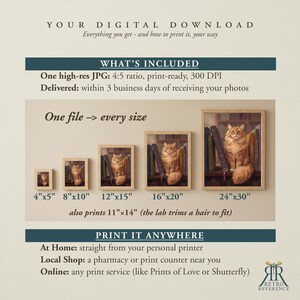May include: A digital download information graphic featuring a fluffy orange cat sitting among books. It displays five framed examples in sizes 4x5, 8x10, 12x15, 16x20, and 24x30 inches. Text includes 'YOUR DIGITAL DOWNLOAD', 'WHAT'S INCLUDED', and 'PRINT IT ANYWHERE'.