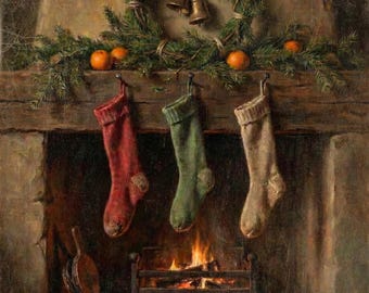 May include: A painting of a stone fireplace with a burning fire, featuring three hanging stockings in red, green, and beige. Above the mantel sits a pine wreath with two brass bells and four oranges nestled in the evergreen branches.