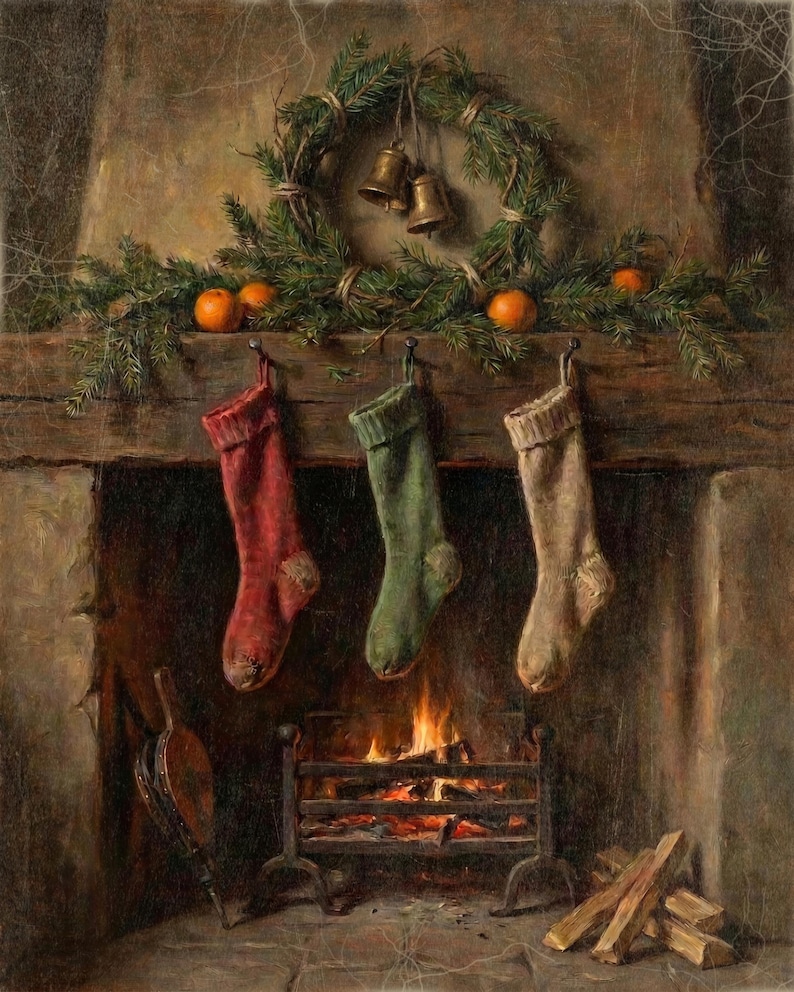 Stockings by the Hearth Printable Wall Art, Vintage Style Christmas Wall Decor, Above Fireplace Art, Mantel Decor, Primitive Artwork image 1