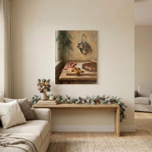 May include: A rectangular wall art print depicting a rustic wooden table with gingerbread cookies, a rolling pin, and metal cookie cutters. The scene features a warm, textured background with a sprig of evergreen hanging on the wall above the table.