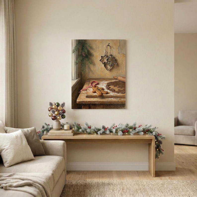 May include: A rectangular wall art print depicting a rustic wooden table with gingerbread cookies, a rolling pin, and metal cookie cutters. The scene features a warm, textured background with a sprig of evergreen hanging on the wall above the table.