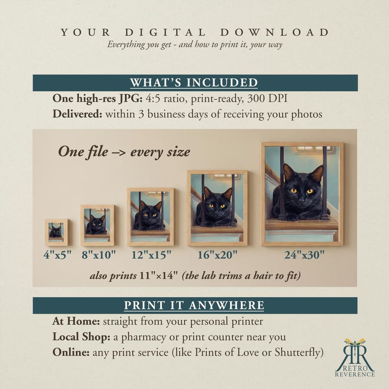 May include: A digital download information graphic featuring a black cat illustration in five different frame sizes from 4x5 inches to 24x30 inches. The text includes 'YOUR DIGITAL DOWNLOAD', 'WHAT'S INCLUDED', 'One file -> every size', and 'PRINT IT ANYWHERE'.