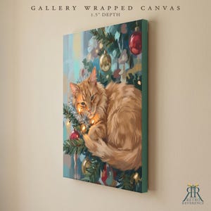 May include: A gallery wrapped canvas with a 1.5 inch depth featuring a painting of a fluffy orange cat nestled in a Christmas tree decorated with red and gold ornaments, silver tinsel, and warm glowing string lights against a soft background.