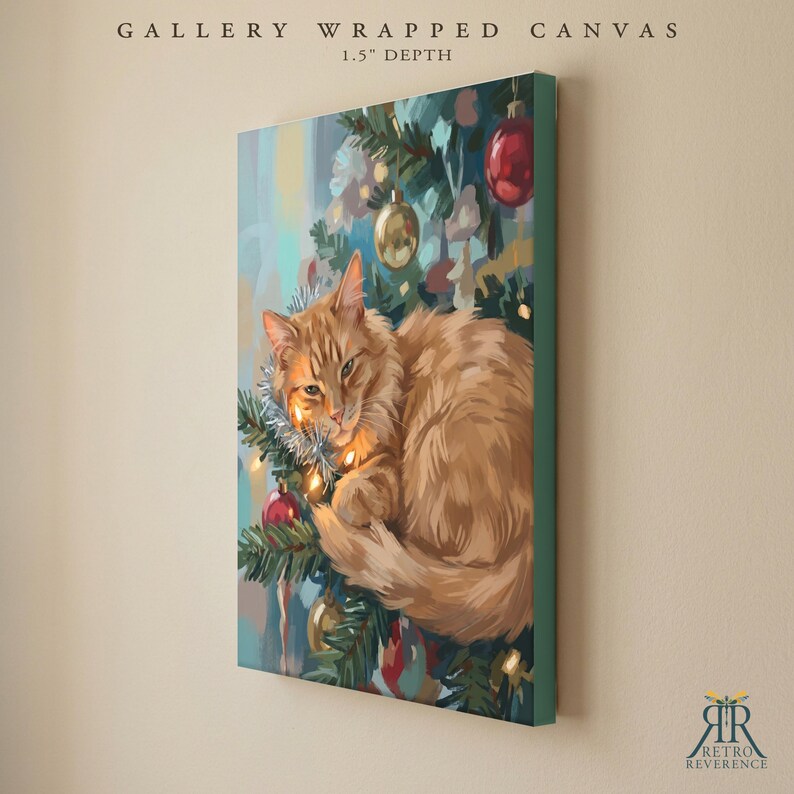 May include: A gallery wrapped canvas with a 1.5 inch depth featuring a painting of a fluffy orange cat nestled in a Christmas tree decorated with red and gold ornaments, silver tinsel, and warm glowing string lights against a soft background.