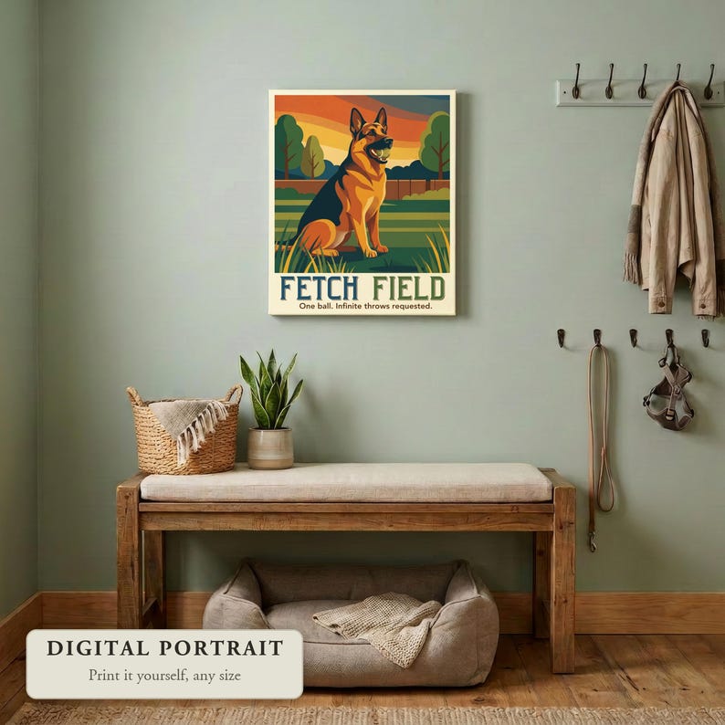 Custom dog portrait in a retro travel poster style, a dog with a ball in the park, hung on a wall in an entryway, shown as a digital file you print yourself