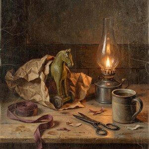 May include: A green wooden toy horse on wheels partially wrapped in brown paper, a lit metal oil lamp, a ceramic mug, a pair of black metal scissors, and a length of dark red ribbon arranged on a wooden surface with small paper scraps.