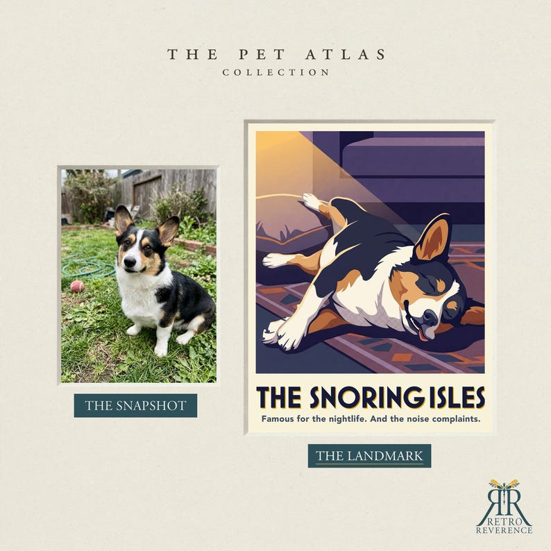 May include: A custom art print titled The Pet Atlas Collection featuring a photograph of a black, white, and tan Corgi labeled The Snapshot next to a stylized illustration of the same dog sleeping, labeled The Landmark, The Snoring Isles.