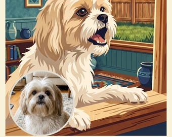 Custom Dog Portrait from Photo, Dog on Neighborhood Watch Duty, Retro Travel Poster Illustration, Window Art Print, Art Print or Canvas