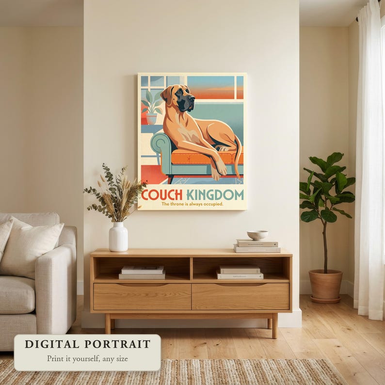Custom dog portrait in a retro travel poster style, a big dog on the couch, hung on a wall in a living room, shown as a digital file you print yourself