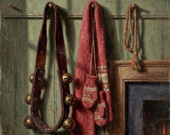 May include: A dark brown leather strap with five brass sleigh bells, a long red knit scarf with a white and green geometric pattern, a pair of matching red knit mittens, and a braided cord with a tassel hanging on a green wooden wall.