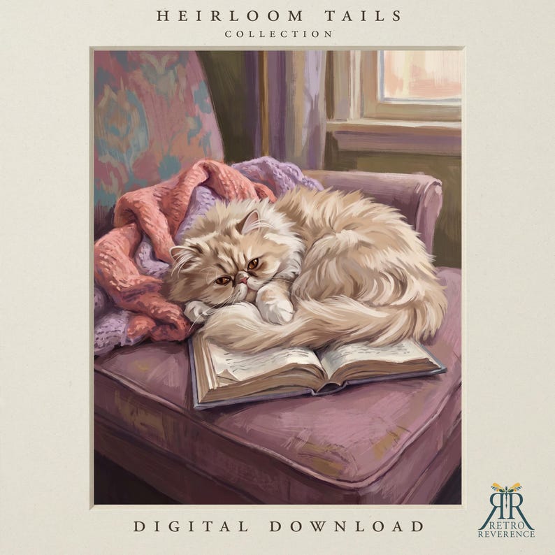 May include: A digital illustration titled Heirloom Tails Collection featuring a fluffy cream-colored cat curled up asleep on an open book. The cat rests on a mauve armchair draped with a pink and purple knitted blanket. Text reads Digital Download.