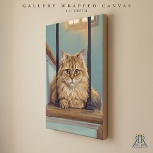 May include: A gallery wrapped canvas with a 1.5 inch depth featuring a painting of a fluffy brown tabby cat sitting on a wooden staircase between dark vertical railings. The background shows a light blue wall and a window frame in a soft light.