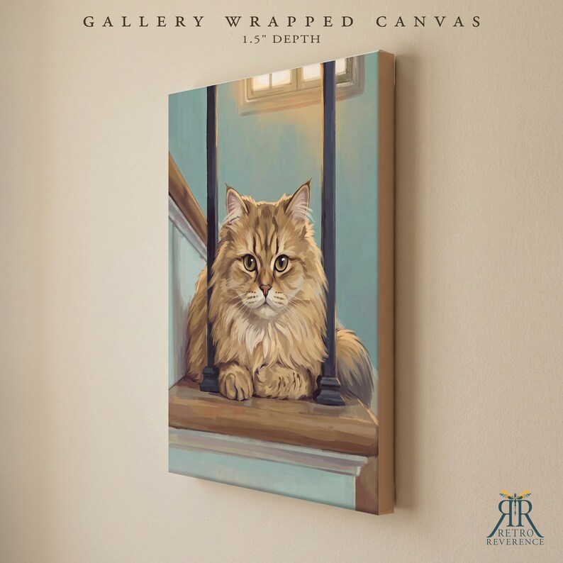 May include: A gallery wrapped canvas with a 1.5 inch depth featuring a painting of a fluffy brown tabby cat sitting on a wooden staircase between dark vertical railings. The background shows a light blue wall and a window frame in a soft light.
