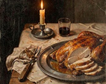 Holiday Feast Wall Art, Vintage Style Thanksgiving Decor, Still Life Artwork, Fall Kitchen Decor, Dining Room Decor, Art Print or Canvas