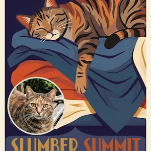 Summit Travel Poster from Your Photo, Custom Cat Art Print or Canvas, Sleeping Cat Art, Moody Cat Wall Decor, Cozy Bedroom Wall Art