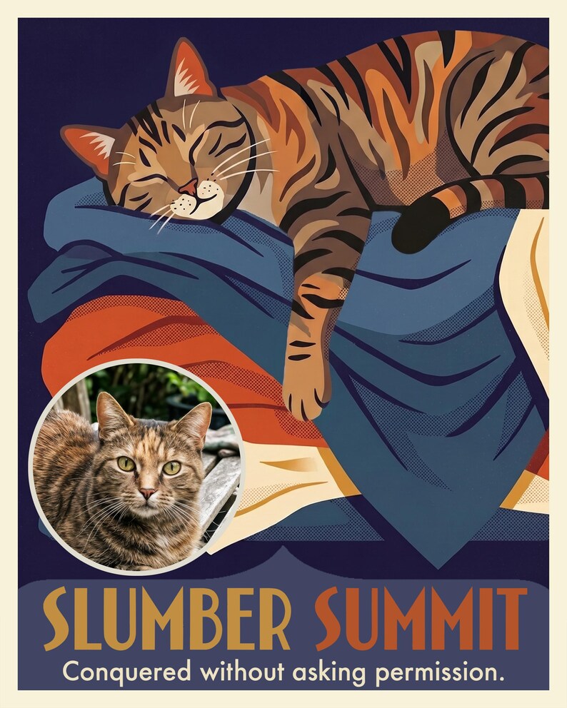 Summit Travel Poster from Your Photo, Custom Cat Art Print or Canvas, Sleeping Cat Art, Moody Cat Wall Decor, Cozy Bedroom Wall Art