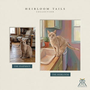 May include: A side-by-side comparison titled HEIRLOOM TAILS COLLECTION featuring a photograph labeled THE SNAPSHOT of a light brown cat sitting on a wooden floor and a digital painting labeled THE HEIRLOOM of the same cat standing on a kitchen sink.