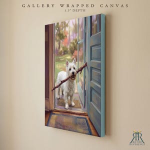 Puede incluir: Un lienzo envuelto en galer&iacute;a con una profundidad de 3,8 cm que presenta la pintura de un West Highland White Terrier blanco de pie en una puerta abierta sosteniendo un palo de madera marr&oacute;n en la boca. La escena muestra un jard&iacute;n verde.