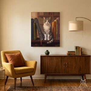 May include: A rectangular wall art print featuring a grey and white tabby cat sitting on a shelf between several upright books. The cat has green eyes and is positioned in the center of the composition, surrounded by a library-themed background.