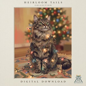 May include: A digital illustration of a long-haired brown tabby cat wrapped in a string of colorful Christmas lights. The cat sits on a patterned rug with a blurred, glowing holiday tree in the background. Text reads Heirloom Tails Collection.