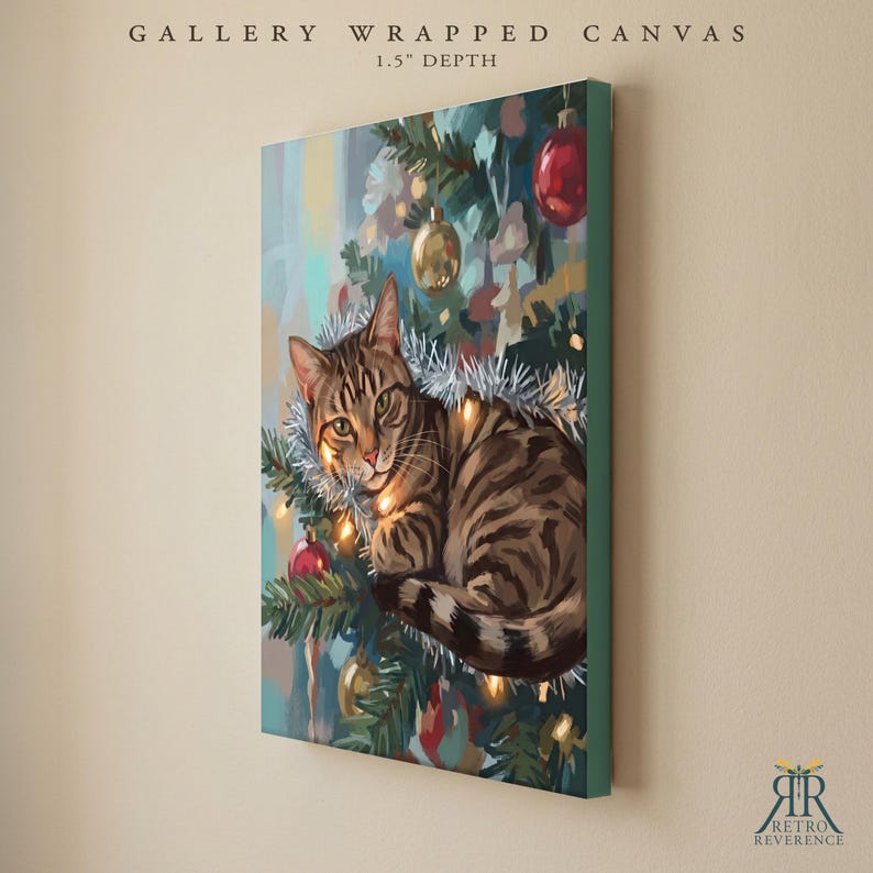 May include: A gallery wrapped canvas with a 1.5 inch depth featuring a painting of a brown tabby cat resting in a Christmas tree. The cat is surrounded by silver tinsel, glowing string lights, and red and gold ornaments against green pine branches.