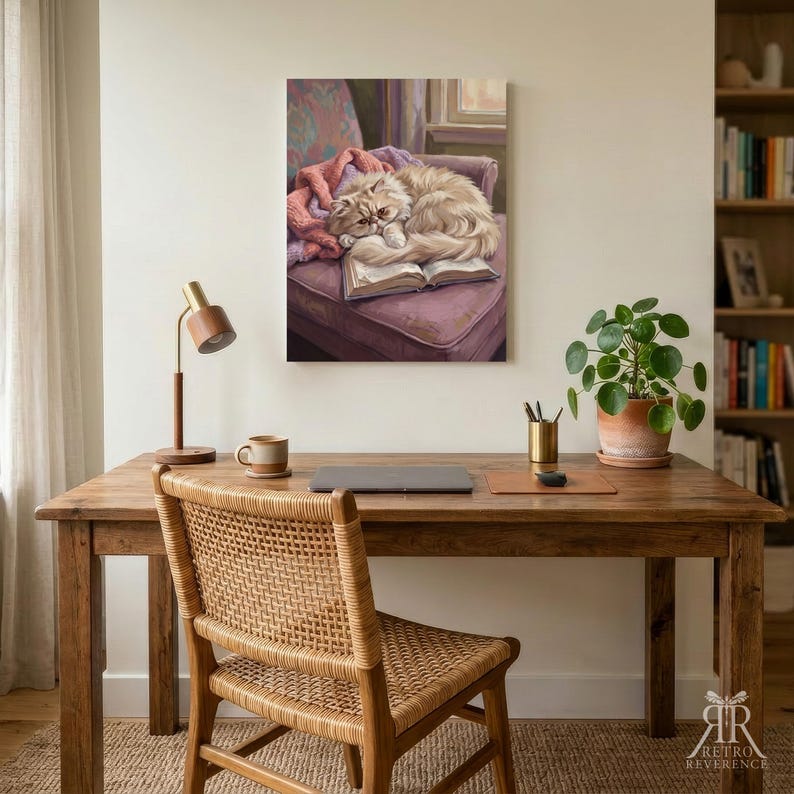 May include: A rectangular wall art print featuring a fluffy cream-colored cat curled up asleep on an open book, resting on a mauve armchair draped with a pink blanket. The artwork is displayed on a white wall above a wooden desk with a lamp.