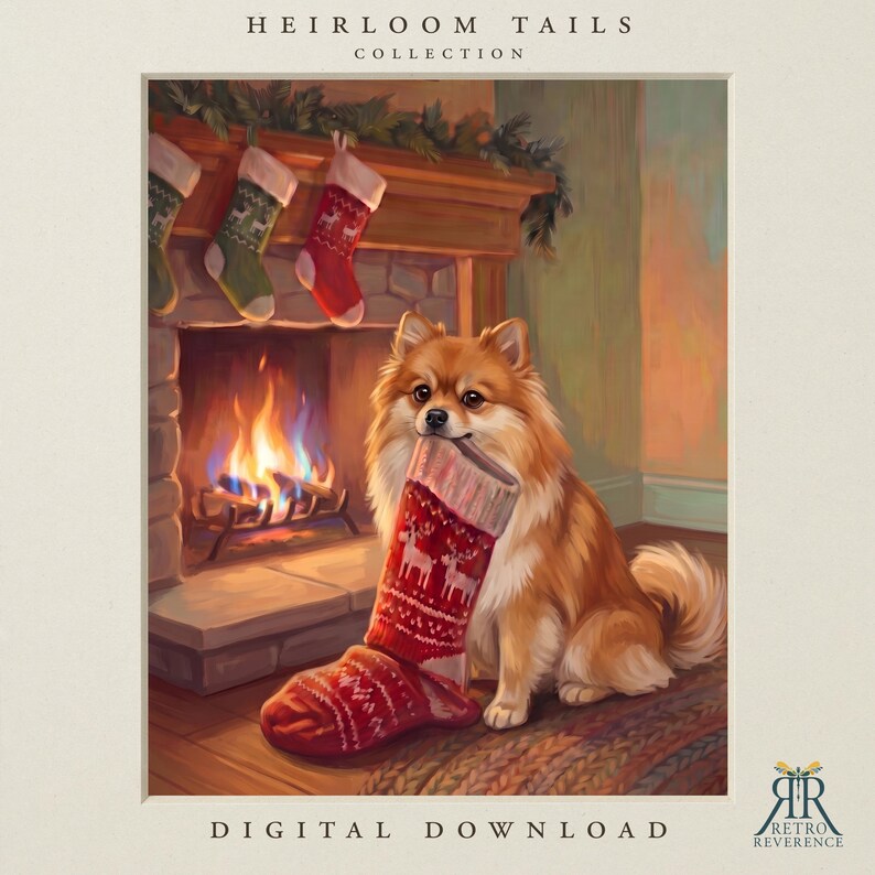 May include: A digital illustration titled Heirloom Tails Collection featuring a fluffy brown Pomeranian dog sitting in front of a fireplace, holding a red and white patterned Christmas stocking in its mouth, with more stockings hanging above.