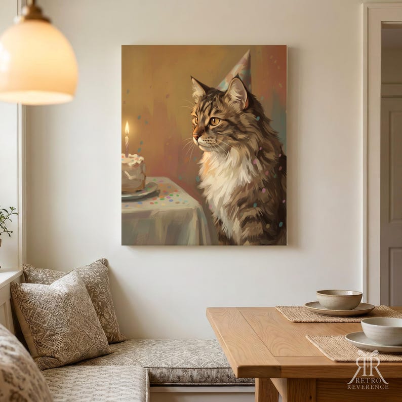 May include: A wall art print featuring a brown tabby cat wearing a party hat, sitting beside a birthday cake with a single lit candle on a table. The background is a warm, soft-toned illustration with scattered confetti, creating a festive scene.