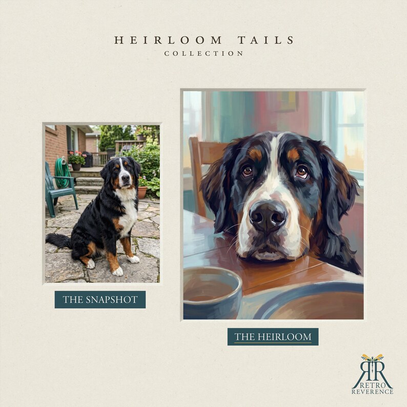 May include: A side-by-side comparison featuring a Bernese Mountain Dog. The left side shows a photograph labeled THE SNAPSHOT of the dog sitting outdoors. The right side shows a painted portrait labeled THE HEIRLOOM of the dog's face at a table.