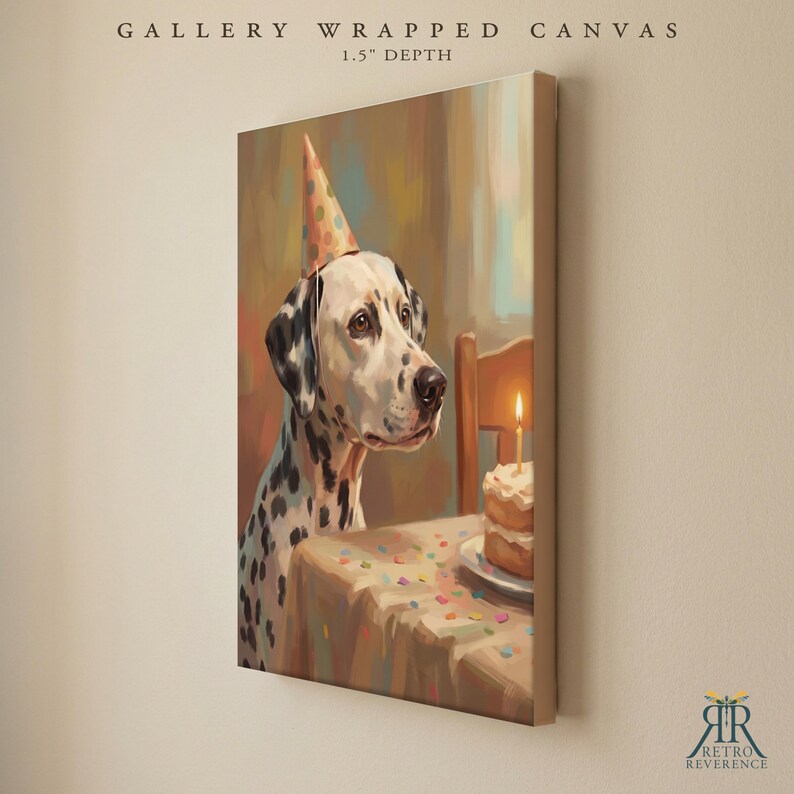 May include: A gallery wrapped canvas with a 1.5 inch depth featuring a dalmatian dog wearing a polka dot party hat. The dog sits at a table with a birthday cake topped with a single lit candle. The scene includes colorful confetti on the table.
