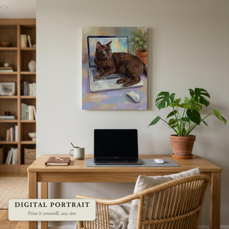 Custom cat portrait of a cat lying on a laptop keyboard, hung on a wall in a home office, shown as a digital file you print yourself