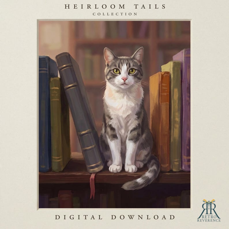 May include: A digital illustration of a grey and white tabby cat sitting on a wooden shelf between several hardcover books. The text HEIRLOOM TAILS COLLECTION appears at the top, and DIGITAL DOWNLOAD is at the bottom with a logo in the corner.