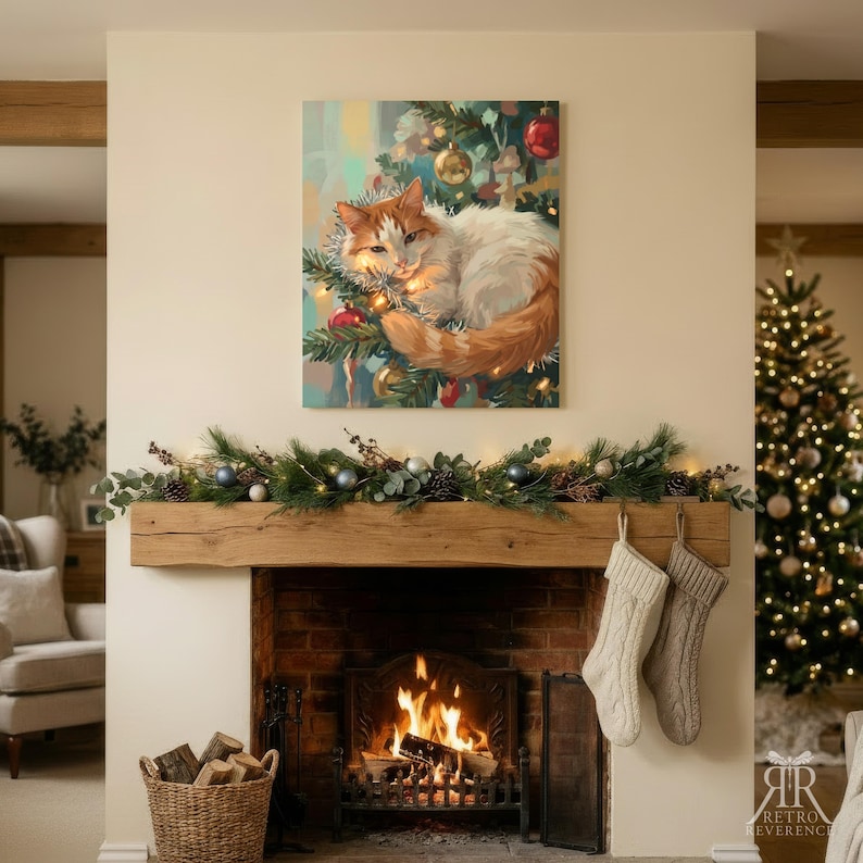May include: A rectangular wall art print featuring a ginger and white cat resting among evergreen branches, Christmas ornaments, and warm fairy lights. The artwork is displayed above a wooden fireplace mantel with a garland and two stockings.