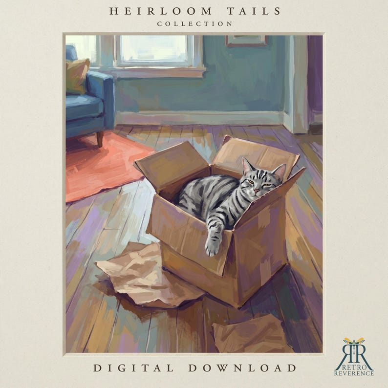 May include: A digital illustration titled Heirloom Tails Collection featuring a grey tabby cat resting inside a brown cardboard box on a wooden floor. The scene includes a blue armchair and a red rug in the background. Text reads Heirloom Tails Collection and Digital Download.