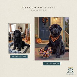 May include: A side-by-side comparison titled Heirloom Tails Collection. On the left, a photograph labeled The Snapshot shows a black dog on a bed. On the right, an illustration labeled The Heirloom depicts the same dog wearing an orange plaid bandana, sitting on a porch with a jack-o'-lantern and a bowl of candy.