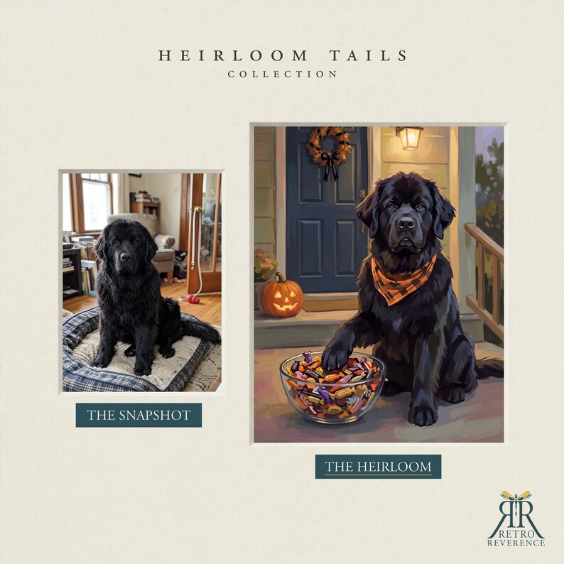 May include: A side-by-side comparison titled Heirloom Tails Collection. On the left, a photograph labeled The Snapshot shows a black dog on a bed. On the right, an illustration labeled The Heirloom depicts the same dog wearing an orange plaid bandana, sitting on a porch with a jack-o'-lantern and a bowl of candy.